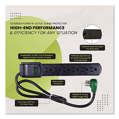 GoGreen Power 6 Outlet Surge Protector, 2.5 ft Cord, 160 J, Black (GG16103MSBK)
