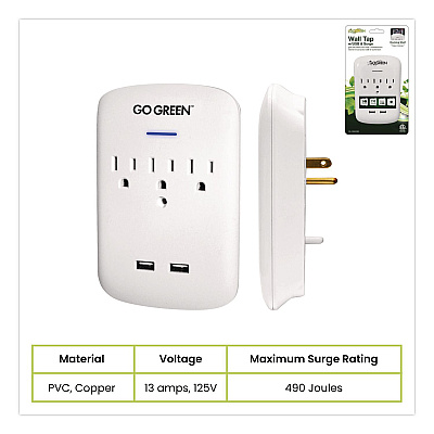 GoGreen Power 3 Outlet 2 USB Wall Tap, 735 J, White (GG13000USB2)