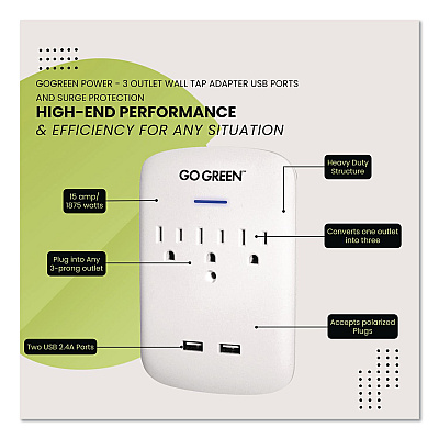 GoGreen Power 3 Outlet 2 USB Wall Tap, 735 J, White (GG13000USB2)