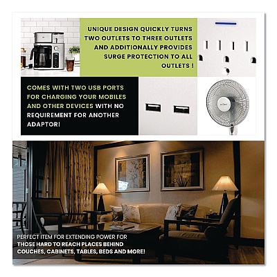 GoGreen Power 3 Outlet 2 USB Wall Tap, 735 J, White (GG13000USB2)