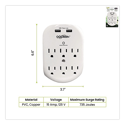 GoGreen Power 6 Outlet 4 USB Wall Tap, 735 J, White (GG16000USB4)