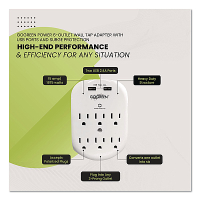 GoGreen Power 6 Outlet 4 USB Wall Tap, 735 J, White (GG16000USB4)