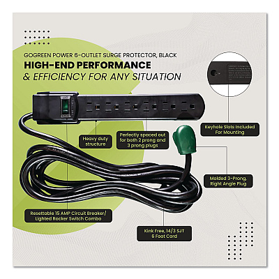 GoGreen Power 6 Outlet Surge Protector, 6 ft Cord, 250 J, Black (GG16106MSBK)