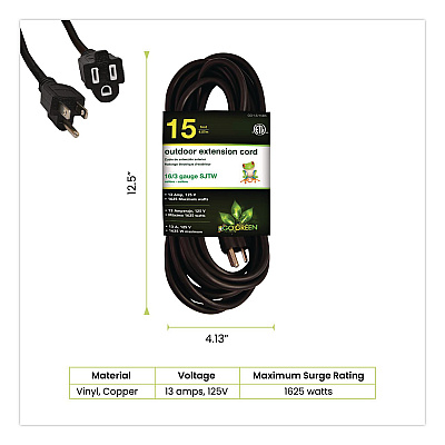 GoGreen Power 16 AWG Outdoor Extension Cord, 15 ft, 13 A, Black (GG13715BK)