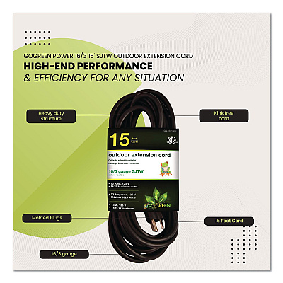 GoGreen Power 16 AWG Outdoor Extension Cord, 15 ft, 13 A, Black (GG13715BK)