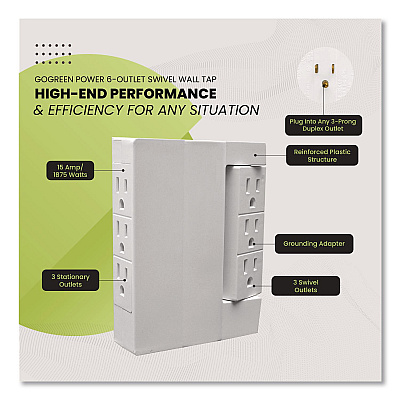 GoGreen Power 6 Outlet Swivel Wall Tap, White (GG16000TSW)