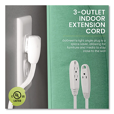 GoGreen Power 3 Outlet Indoor Extension Cord, 8 ft, 13 A, White (GG19608)