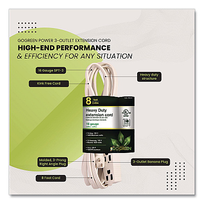 GoGreen Power 3 Outlet Indoor Extension Cord, 8 ft, 13 A, White (GG19608)