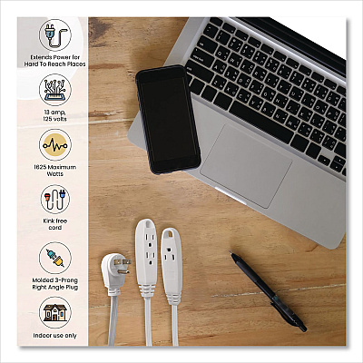 GoGreen Power 3 Outlet Indoor Extension Cord, 8 ft, 13 A, White (GG19608)