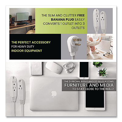 GoGreen Power 3 Outlet Indoor Extension Cord, 8 ft, 13 A, White (GG19608)