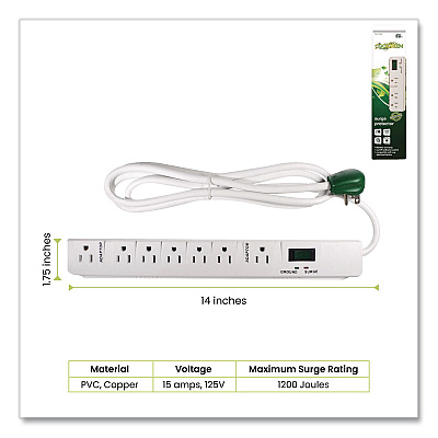 GoGreen Power 7 Outlet Surge Protector, 6 ft Cord, 1,200 J, White (GG17636)