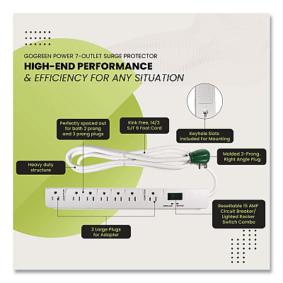 GoGreen Power 7 Outlet Surge Protector, 6 ft Cord, 1,200 J, White (GG17636)
