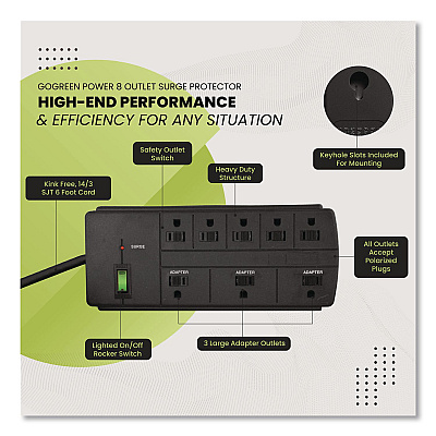GoGreen Power 8 Outlet Surge Protector, 6 ft Cord, 750 J, Black (GG18316BK)