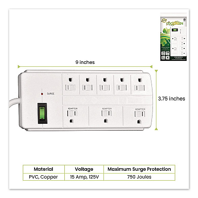 GoGreen Power 8 Outlet Surge Protector, 6 ft Cord, 750 J, White (GG18316WH)
