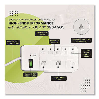 GoGreen Power 8 Outlet Surge Protector, 6 ft Cord, 750 J, White (GG18316WH)