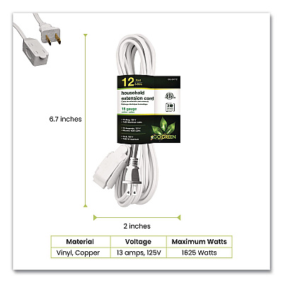 GoGreen Power Household Extension Cord, 12 ft, 13 A, White, 3/Pack (GG247123)