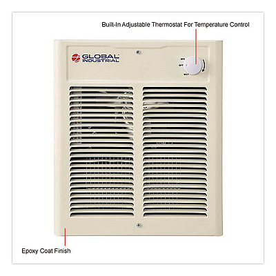 Global Industrial Fan Forced Wall Heater, Shaded Pole Motor, 1,500 W, 10.63 x 4.75 x 12.25, White (246744)