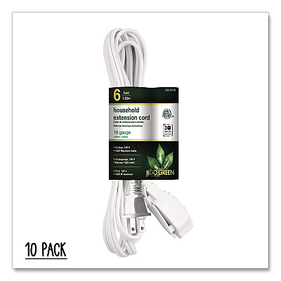 GoGreen Power Household Extension Cord, 6 ft, 13 A, White 10/Pack (GG2470610)