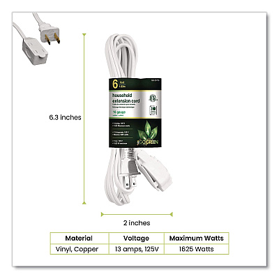 GoGreen Power Household Extension Cord, 6 ft, 13 A, White 10/Pack (GG2470610)