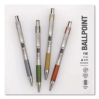 Zebra F-301 Signature Series Earthy Tones Ballpoint Pen, Retractable, Fine 0.7 mm, Black Ink, Pewter Barrel, 4/Pack (27214)