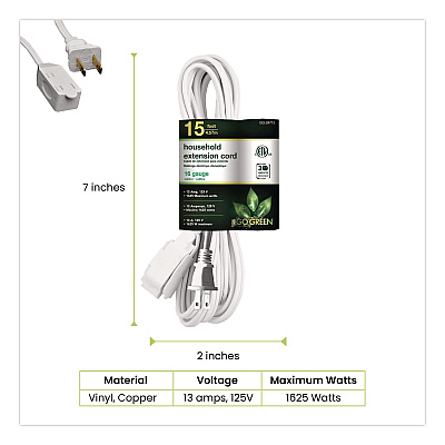 GoGreen Power Household Extension Cord, 15 ft, 13 A, White, 3/Pack (GG247153)