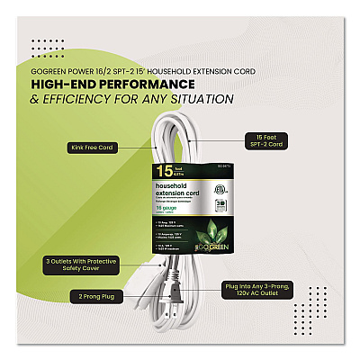 GoGreen Power Household Extension Cord, 15 ft, 13 A, White, 3/Pack (GG247153)