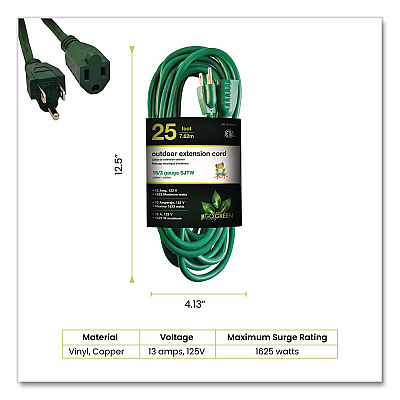 GoGreen Power 16 AWG Outdoor Extension Cord, 25 ft, 13 A, Green (GG13725GN)