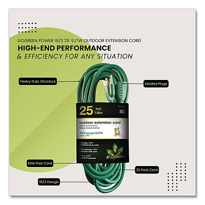 GoGreen Power 16 AWG Outdoor Extension Cord, 25 ft, 13 A, Green (GG13725GN)