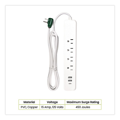 GoGreen Power Four-Outlet Surge Protector with Three USB Ports, 4 ft Cord Length Cord, 450 J, White (GG1462USBC)