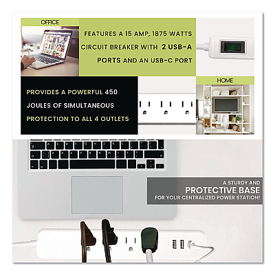 GoGreen Power Four-Outlet Surge Protector with Three USB Ports, 4 ft Cord Length Cord, 450 J, White (GG1462USBC)