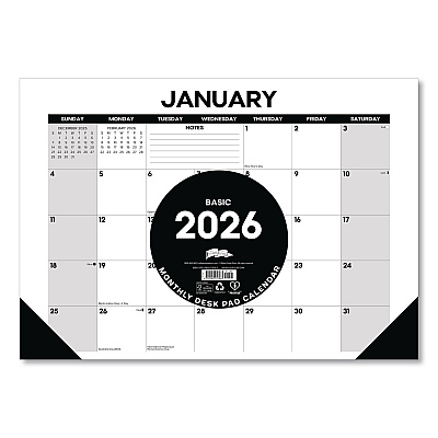 Basic Small Monthly Desk Pad Calendar, 17 x 12, White/Gray/Black Sheets, Black Headband/Corners, 12-Month (Jan to Dec) 2026 (57063)