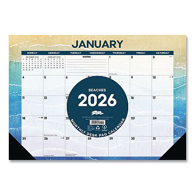 Beaches Monthly Desk Pad Calendar, 17 x 12, White/Multicolor Sheets, Black Headband/Corners, 12-Month (Jan to Dec) 2026 (57070)