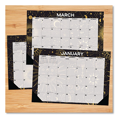 Celestial Small Monthly Desk Pad Calendar, 17 x 12, Black/Gold/Gray Sheets, Black Headband/Corners, 12-Month (Jan-Dec) 2026 (57100)