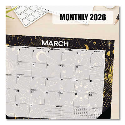 Celestial Small Monthly Desk Pad Calendar, 17 x 12, Black/Gold/Gray Sheets, Black Headband/Corners, 12-Month (Jan-Dec) 2026 (57100)