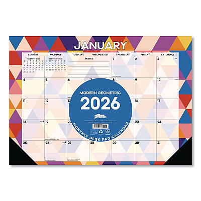 Modern Small Geometric Monthly Desk Pad Calendar, 17 x 12, Multicolor Sheets, Black Headband/Corners, 12-Month (Jan-Dec) 2026 (57117)
