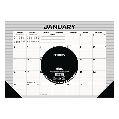 Pinstripe Small Monthly Desk Pad Calendar, 17 x 12, White/Gray Sheets, Black Headband, Black Corners, 12-Month (Jan-Dec) 2026 (57131)