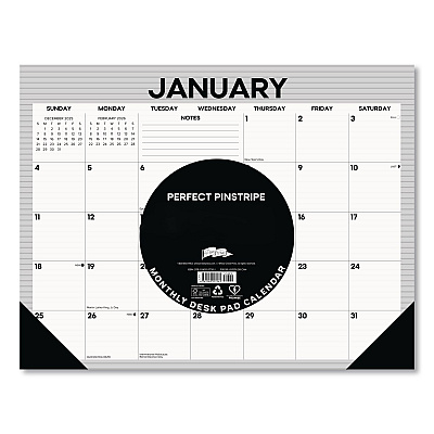 Perfect Pinstripe Large Monthly Desk Pad Calendar, 22x17, White/Gray Sheets, Black Headband/Corners, 12-Month (Jan-Dec) 2026 (57261)