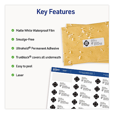 Avery Waterproof Film Address Labels with Sure Feed Technology. Laser, 1 x 2.63, White, 30/Sheet, 10 Sheets/Pack (15509)