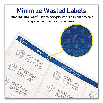 Avery Waterproof Film Address Labels with Sure Feed Technology. Laser, 1 x 2.63, White, 30/Sheet, 10 Sheets/Pack (15509)