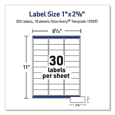 Avery Waterproof Film Address Labels with Sure Feed Technology. Laser, 1 x 2.63, White, 30/Sheet, 10 Sheets/Pack (15509)