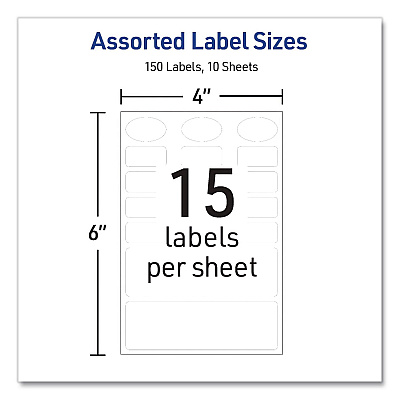 Avery No-Iron Fabric Labels, Handwrite Only, Assorted Shapes and Sizes, White, 15/Sheet, 10 Sheets/Pack (40726)