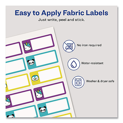 Avery No-Iron Fabric Labels, Character/Colored Border, Handwrite Only, 0.75 x 1.75, White, 12/Sheet, 2 Sheets/Pack (40770)
