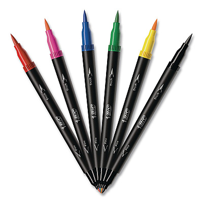 BIC Intensity Fineliner Dual Tip Felt Pen, Stick, Fine 0.7 mm Bullet, Pressure-Sensitive Brush, Assorted Ink/Barrel Colors, 6/PK (FPINDP61AST)