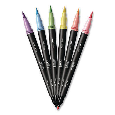 BIC Intensity Fineliner Dual Tip Felt Pen, Stick, Fine 0.7 mm Bullet, Variable Brush, Assorted Pastel Ink/Barrel Colors, 6/Pack (FPPDT6AST)