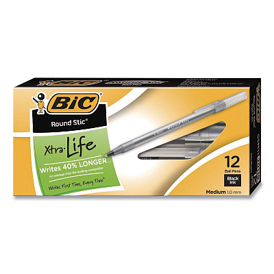 BIC Round Stic Grip Xtra Comfort Ballpoint Pen, Easy-Glide System, Stick, Medium 1.2 mm, Black Ink, Silver-Gray Barrel, Dozen (GSMG11BKCT)
