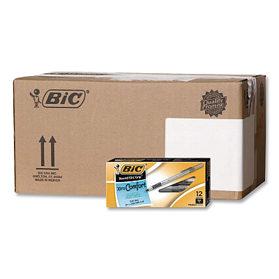 BIC Round Stic Grip Xtra Comfort Ballpoint Pen, Easy-Glide System, Stick, Medium 1.2 mm, Black Ink, Silver-Gray Barrel, Dozen (GSMG11BKCT)