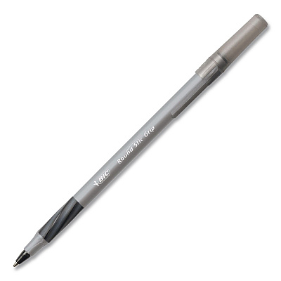 BIC Round Stic Grip Xtra Comfort Ballpoint Pen, Easy-Glide System, Stick, Medium 1.2 mm, Black Ink, Silver-Gray Barrel, Dozen (GSMG11BKCT)