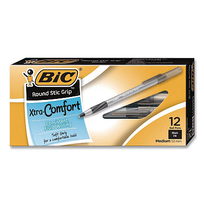 BIC Round Stic Grip Xtra Comfort Ballpoint Pen, Easy-Glide System, Stick, Medium 1.2 mm, Black Ink, Silver-Gray Barrel, Dozen (GSMG11BKCT)