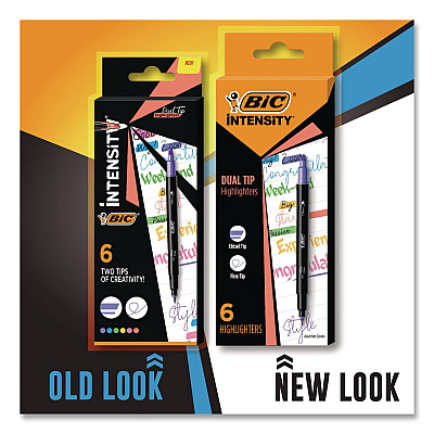 BIC Intensity Dual-Tip Highlighters, Assorted Ink Colors, Chisel/Needle Tips, Black Barrel, 6/Pack (HLPDT6AST)