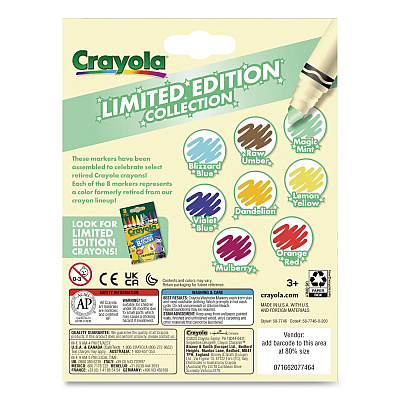 Crayola Ultra-Clean Washable Markers, Limited Edition Collection, Broad Bullet Tips, Assorted Colors, 8/Box (587746)
